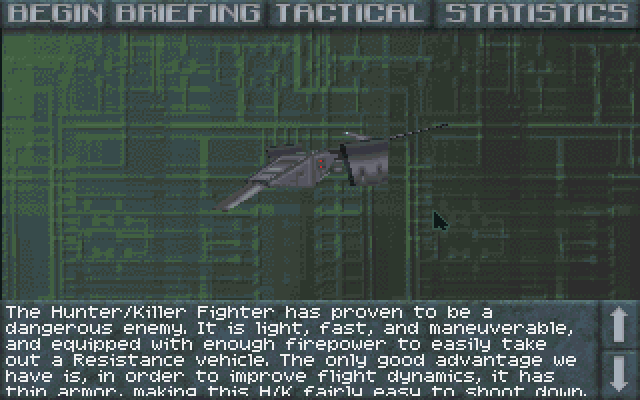 SkyNET (DOS) screenshot: Technical data on enemy vehicles