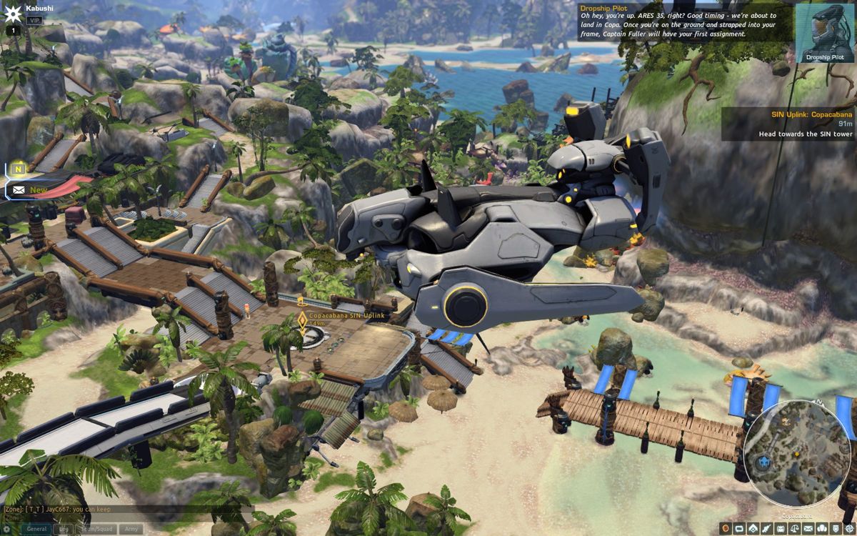Firefall (Windows) screenshot: Entering the game in a dropship over Copacabana
