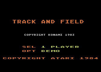 Track & Field (Atari 8-bit) screenshot: Title screen and main menu