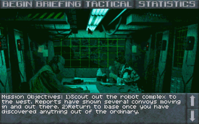 SkyNET (DOS) screenshot: The first mission briefing.
