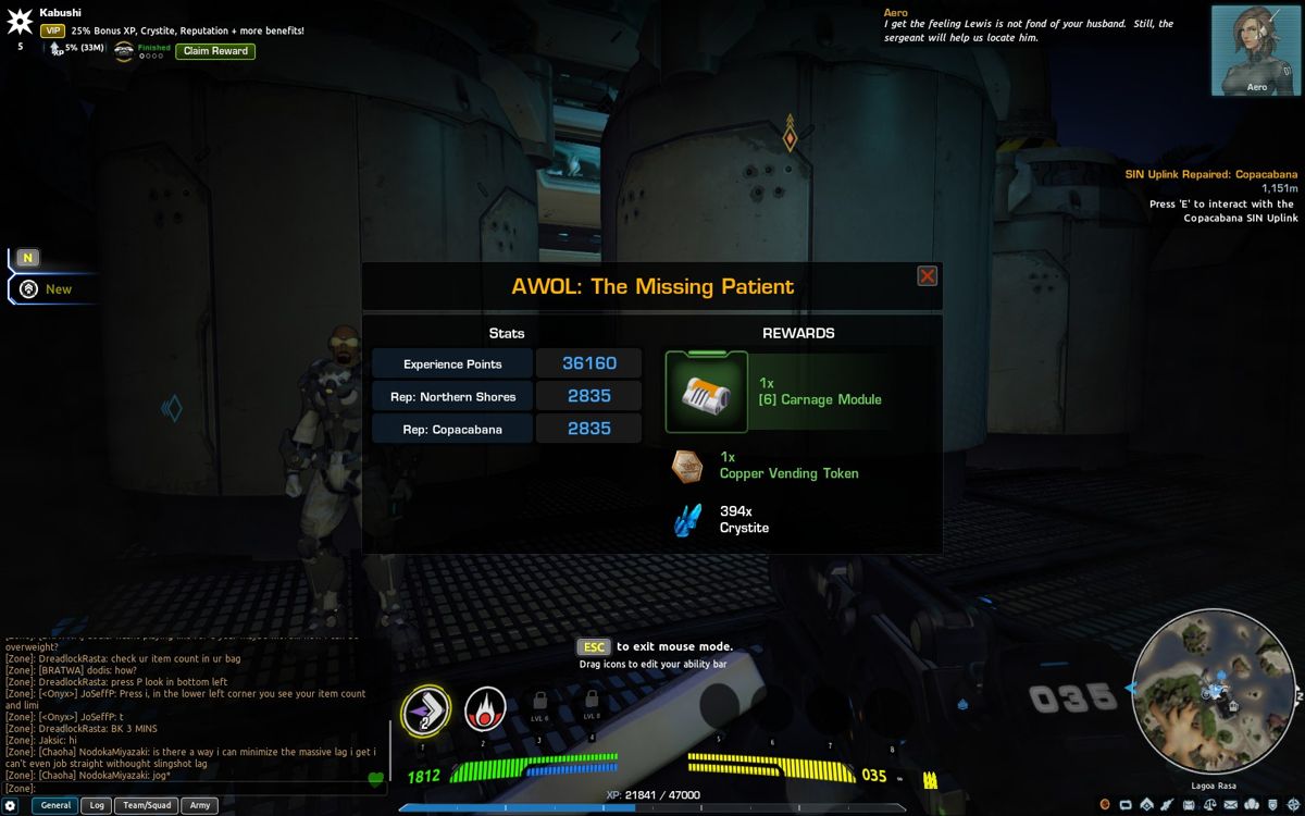 Firefall (Windows) screenshot: Getting rewards for a mission