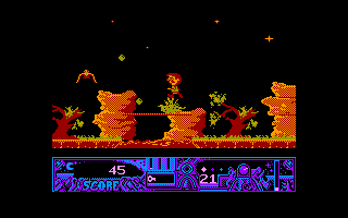TwinWorld: Land of Vision (Amstrad CPC) screenshot: Shooting at the flying creature...