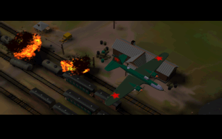 Protivostojanie: Opaljonnyj Sneg (DOS) screenshot: Intro. A Soviet attack bomber drops its load onto a railway station.