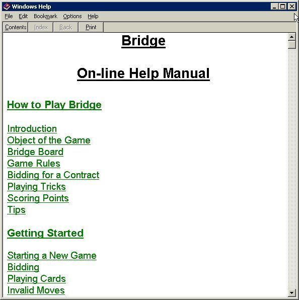 Bridge (Windows) screenshot: There is a detailed and fairly extensive manual on how to play the game. This is accessible from within the game and the install screen. It opens up in a new window