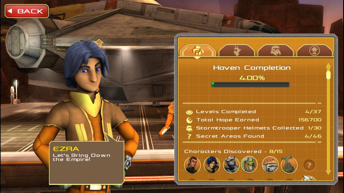 Star Wars Rebels: Recon Missions (Windows Apps) screenshot: Stats and stuff