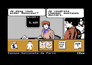 Ticket to Paris (Commodore 64) screenshot: At the Bank to Exchange my Money