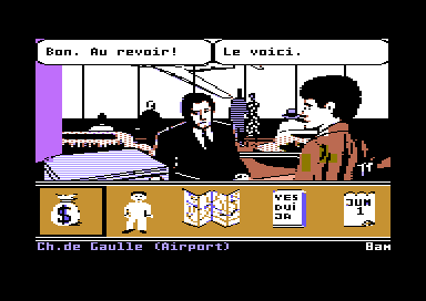 Ticket to Paris (Commodore 64) screenshot: At the Airport