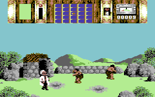 Time Machine (Commodore 64) screenshot: Cave men - Do you guys know Fred Flintstone?