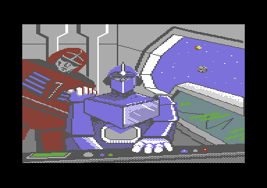 The Transformers: Battle to Save the Earth (Commodore 64) screenshot: Intro shot of two Transformers