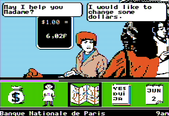 Ticket to Paris (Apple II) screenshot: The Money Exchanger