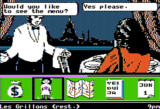 Ticket to Paris (Apple II) screenshot: Eating out at a Restaurant