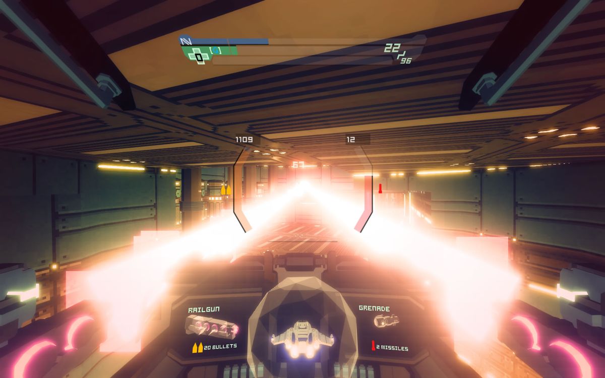 Sublevel Zero (Windows) screenshot: Firing the railgun.