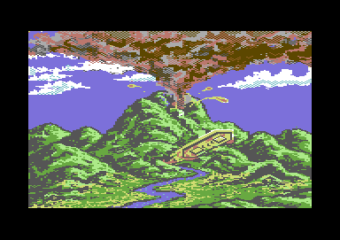 The Transformers: Battle to Save the Earth (Commodore 64) screenshot: A volcanic eruption in the intro