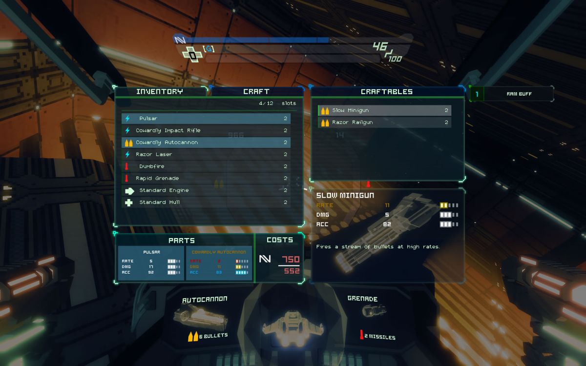 Sublevel Zero (Windows) screenshot: Certain parts (left) can be combined to create new weapons (right).