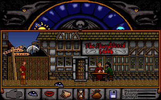 Wolfsbane (DOS) screenshot: The Slaughtered Lamb -- hmm... suddenly, this place seems very inviting!