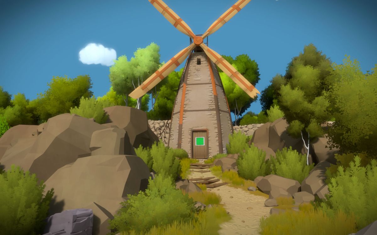 The Witness (Windows) screenshot: A windmill: solve the puzzle and you can go inside.