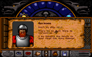 Wolfsbane (DOS) screenshot: As might be expected, most townspeople scoff at rumors of werewolves.