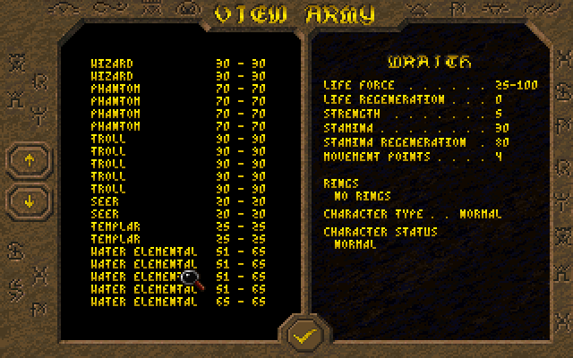 Dark Legions (DOS) screenshot: Viewing your army list