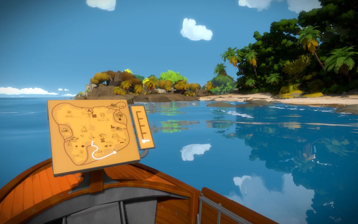 The Witness (Windows) screenshot: Travelling by boat. There is a map and sliders to adjust the speed.