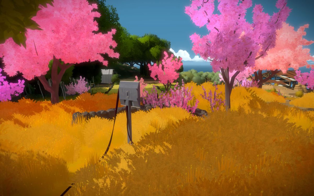 The Witness (Windows) screenshot: A panel in the middle of the woods