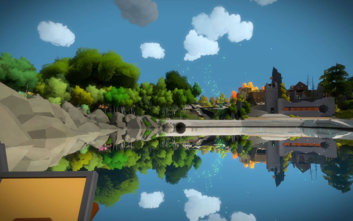 The Witness (Windows) screenshot: I activated something and green sparks lead the way.