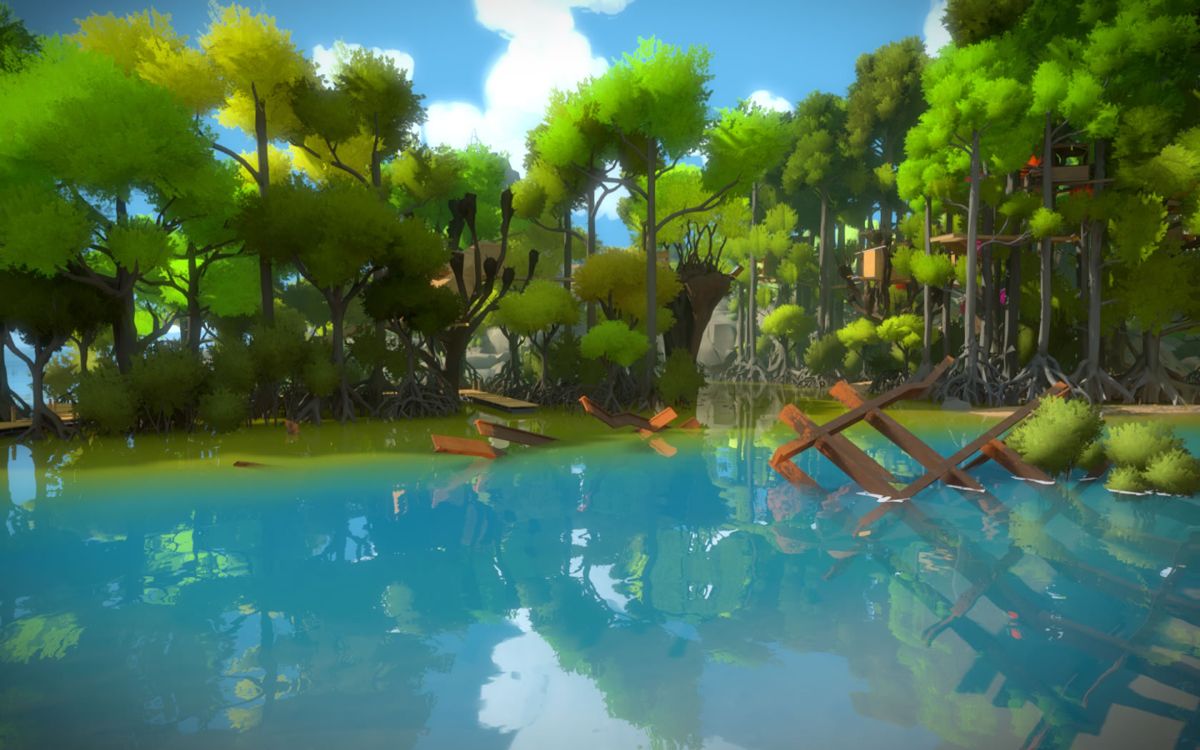 The Witness (Windows) screenshot: Standing on a large wreck.