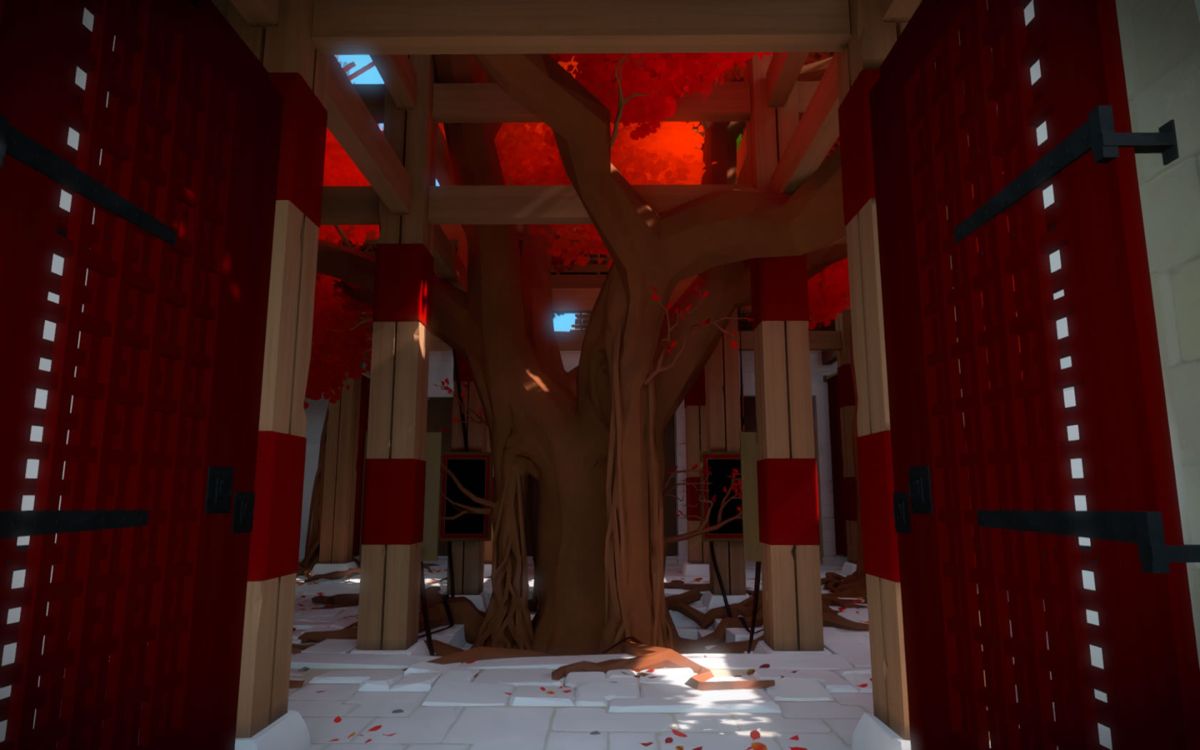 The Witness (Windows) screenshot: A tree growing inside a house.