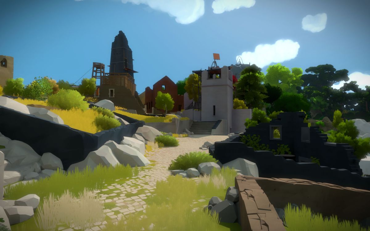 The Witness (Windows) screenshot: Arriving at a small village, abandoned like the rest of the island.