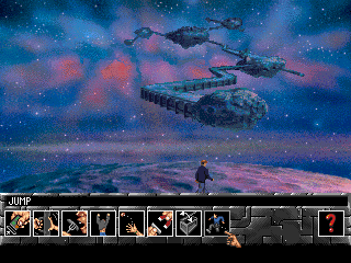 Universe (DOS) screenshot: So many commands, now we JUMP on that asteroid