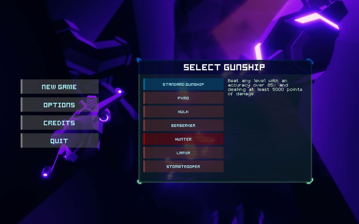 Sublevel Zero (Windows) screenshot: Main menu with the ship (class) selection