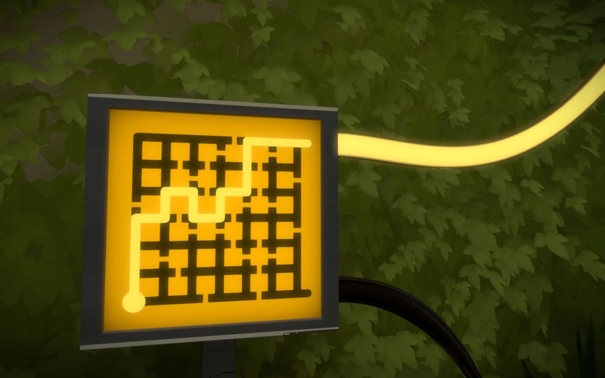 The Witness (Windows) screenshot: Solving a puzzle such as this early one activates something different through the power line.