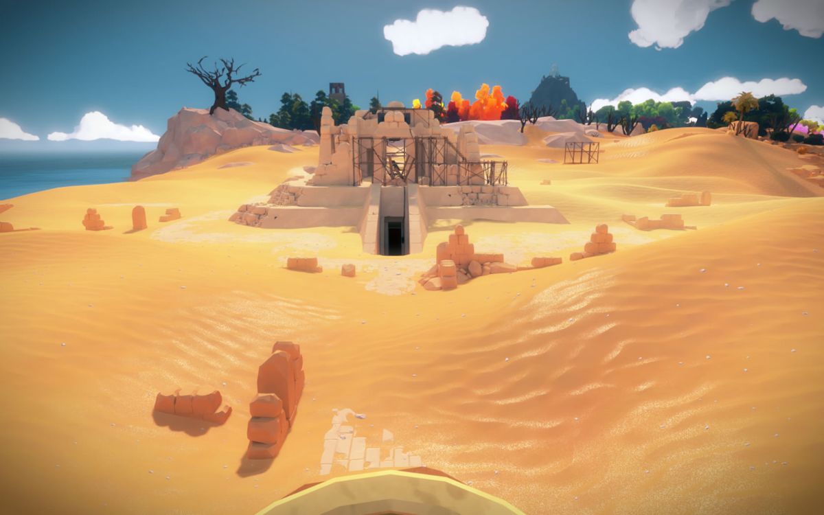 The Witness (Windows) screenshot: This section of the island is almost a desert and it has an excavated temple.