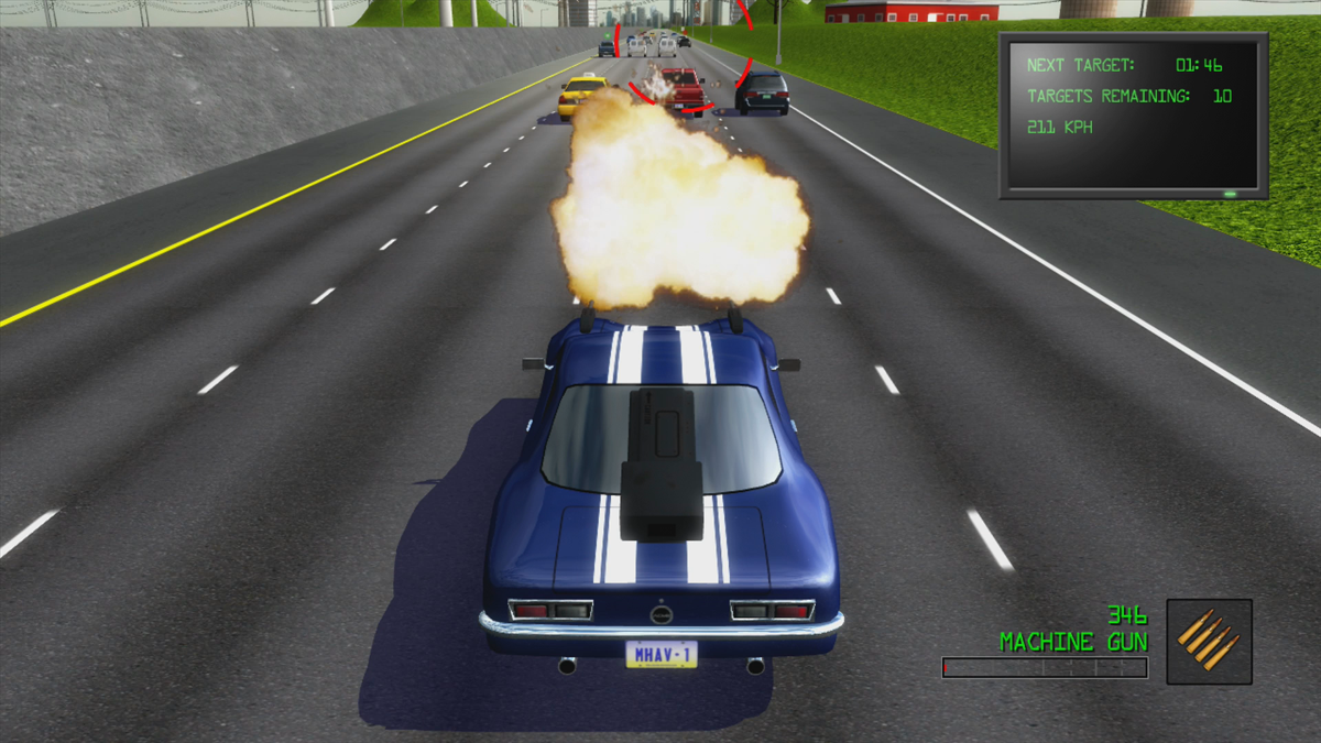 Unnecessary Violence (Xbox 360) screenshot: Shooting some cars (Trial version)