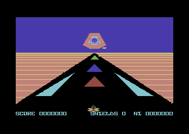 Death Star Interceptor (Commodore 64) screenshot: Stage 1: Launch bay.<BR> Taking off.