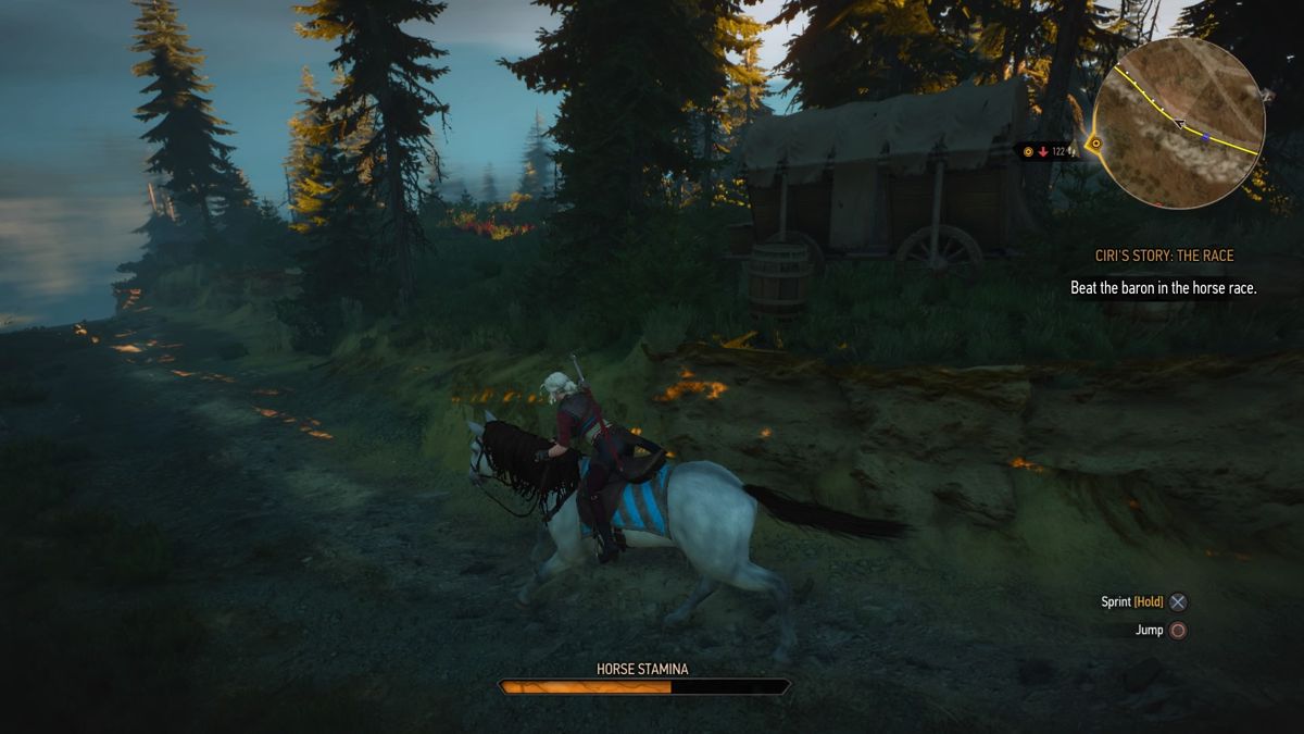 The Witcher 3: Wild Hunt - Alternative Look for Ciri (PlayStation 4) screenshot: Racing the Baron, the prizes are Baron's horse and Ciri's sword