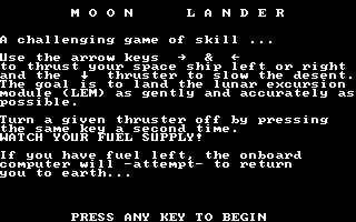 Space Battles (DOS) screenshot: Moon Lander - title screen and instructions