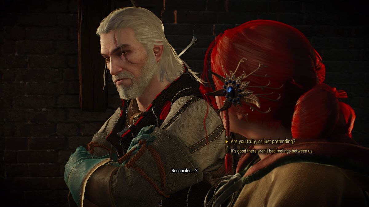 The Witcher 3: Wild Hunt - Alternative Look for Triss (PlayStation 4) screenshot: A moment with Triss to talk about things that have transpired between you in previous game