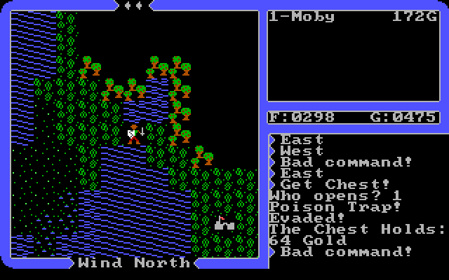 Ultima IV: Quest of the Avatar (Windows) screenshot: The treasure chest had a poison trap. I evaded that and got 64 gold.