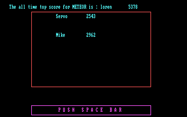 Space Battles (DOS) screenshot: Meteor Shower game over - the scores