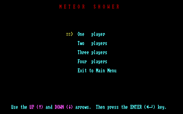 Space Battles (DOS) screenshot: The main menu for Meteor Shower