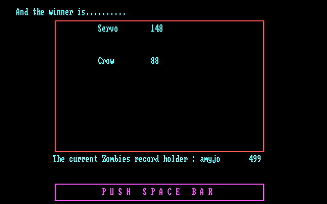 Space Battles (DOS) screenshot: Space Zombies game over - here are the scores