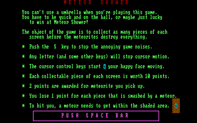 Space Battles (DOS) screenshot: Meteor Shower game instructions