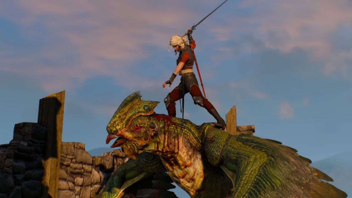 The Witcher 3: Wild Hunt - Alternative Look for Ciri (PlayStation 4) screenshot: Ciri slaying the beast