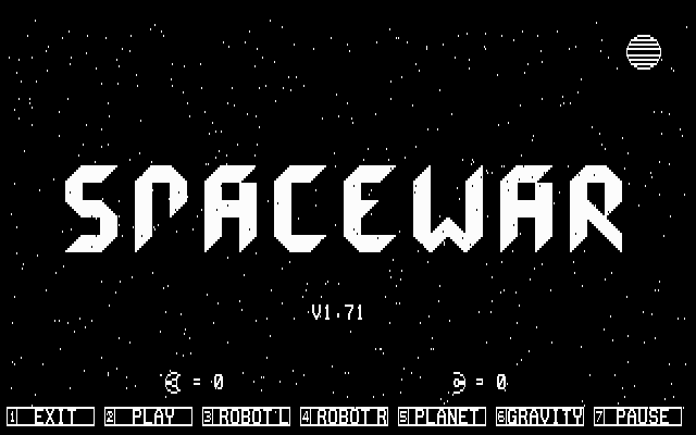 Space Battles (DOS) screenshot: Space War title screen (CGA graphics mode)