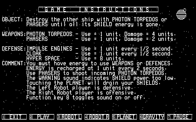 Space Battles (DOS) screenshot: Space War game instructions (CGA graphics mode)