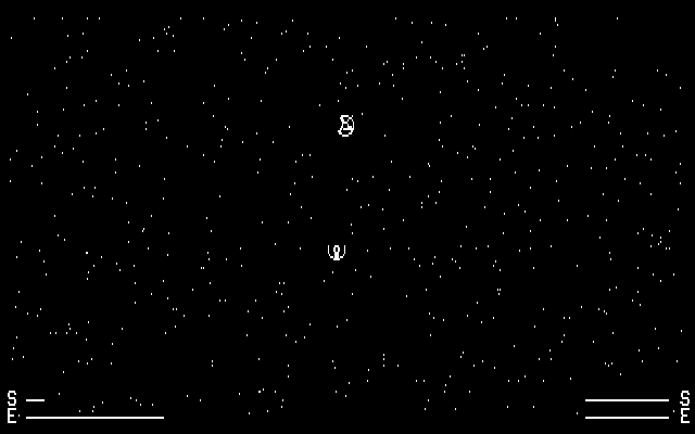 Space Battles (DOS) screenshot: A game of Space War in progress (CGA graphics mode)