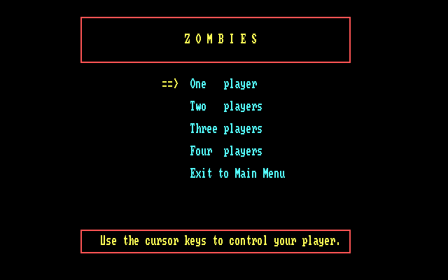 Space Battles (DOS) screenshot: Space Zombies title screen and main menu