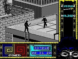 Ninja Remix (ZX Spectrum) screenshot: Level 5, "The Office": Last enemy.<br> No pause after climbing the ladder. Better arm yourself quickly.