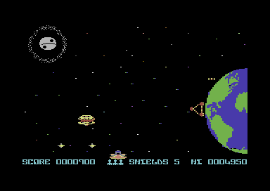Death Star Interceptor (Commodore 64) screenshot: Stage 2: Orbiting earth.<br> The association to <i>Star Wars</i> universe in the C64 version is much more subtle.