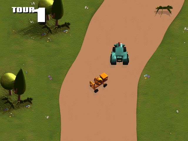 Bob the Builder: Can We Fix It? (Windows) screenshot: "Travis' Race Day" is a top down game. the left/right arrows steer while spacebar accelerates. The controls are sloppy and imprecise<br><br>(French release)